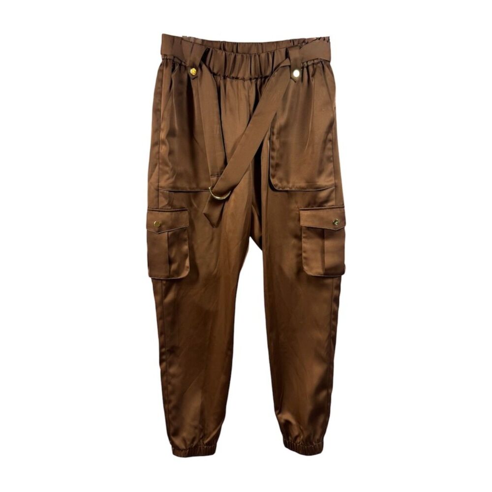 INC International Concepts Satin Cargo Jogger Pants Womens M Bronze EUC